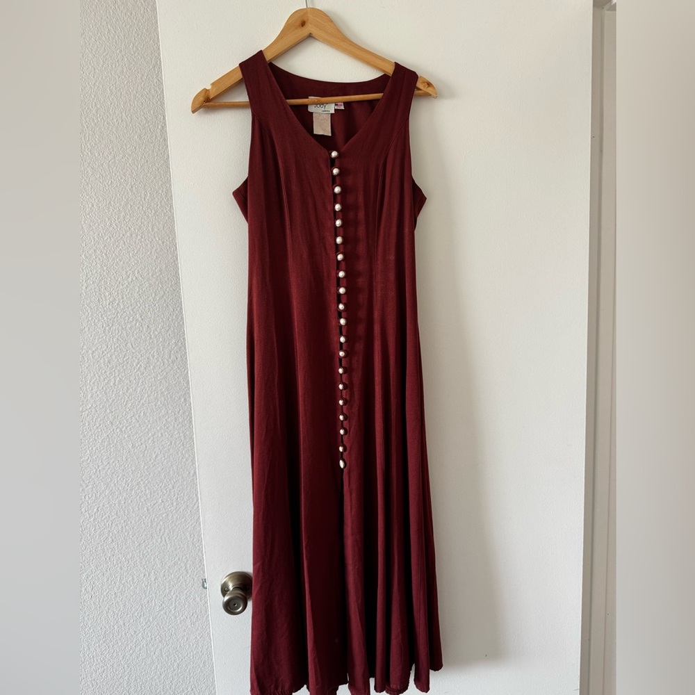 Vintage Sleeveless Burgundy Button-Front Maxi Dress with back corset.
